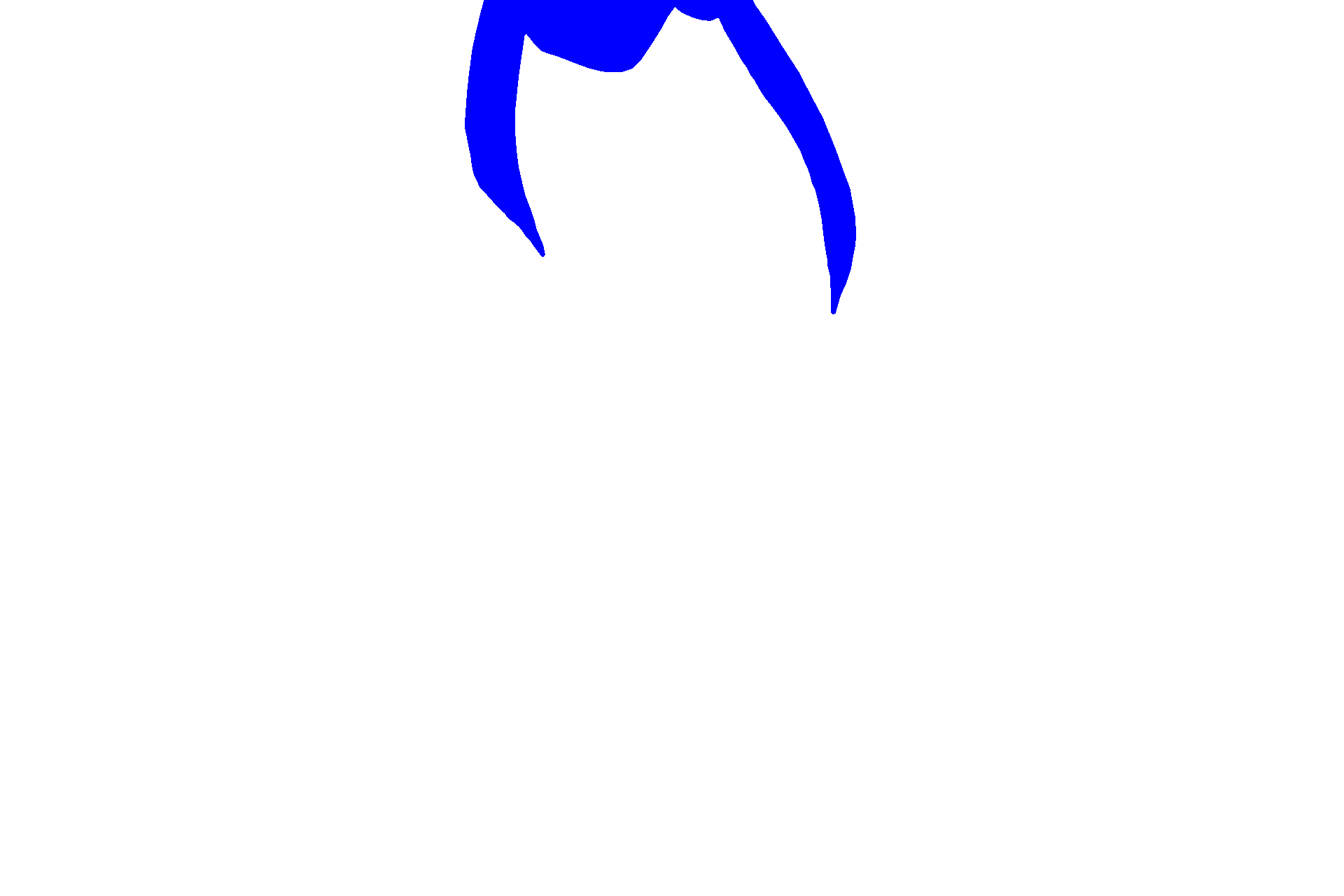 Enamel > <p>Because of its high calcium content, little visible enamel remains in a decalcified tooth preparation such as this.  The approximate location of the enamel is shown in blue.  Dentin comprises the bulk of the tooth and is formed throughout life.  Cementum, a thin layer surrounding the dentin of the tooth root, is also formed throughout life; a thickening reflecting the continued growth of this layer is seen on the apex of the left root.</p>
